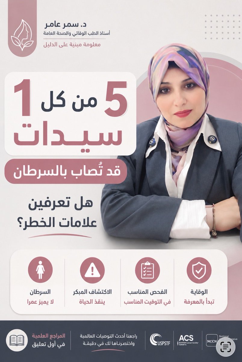 SamarAhmedamer1's tweet photo. الأرقام دي مش هزار 🎗️
1 من 5 
1 من 12
سرطان السيدات مش بعيد عن حد. 
بس الكشف المبكر بيحول 25% لـ 90% شفاء.
دورك انهاردة: افحصي نفسك + ابعتي الفيديو ده لأي بنت أو سيدة تعرفيها: 
أعراض الخطر + الفحص المبكر المعتمد لأكثر 15 سرطان انتشار بين السيدات
احفظي البوست عندك https://t.co/vQBlF7Mdwm