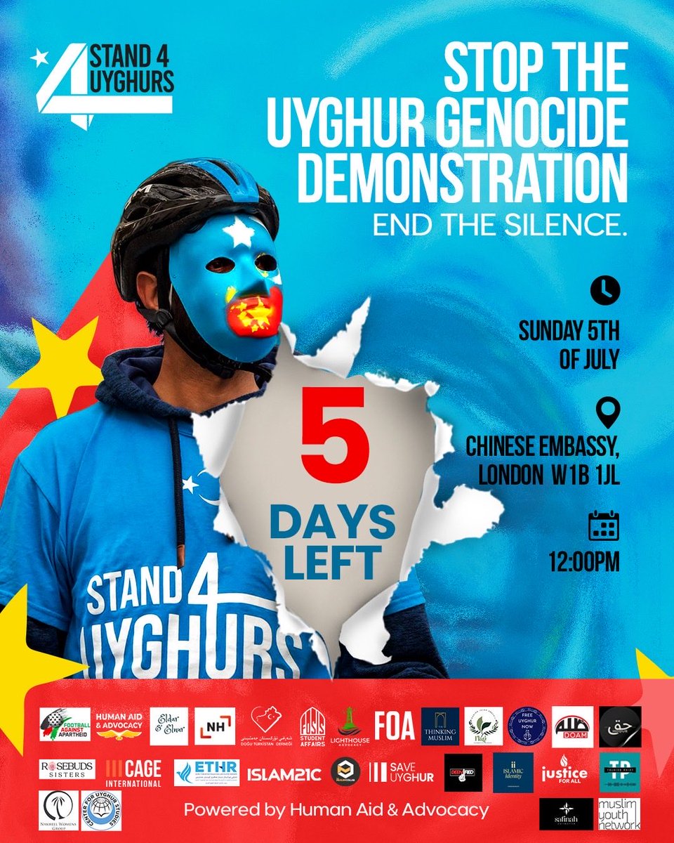 AHakimIdris's tweet photo. 📣🔵 *5 DAYS LEFT* 

*Stop The Uyghur Genocide Demonstration!* 

*Stand4Uyghurs is back! We need as many people as possible to stand with the Uyghur people, raise our voices, and demand justice, freedom and accountability!*

*Your presence matters. Bring your family, friends and community.*

📆 *Sunday 5th July*
⏰ *12pm*
📍 *Chinese Embassy, London W1B 1JL*