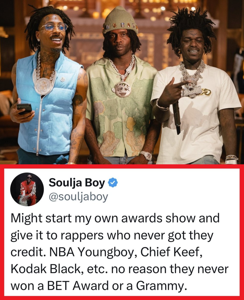 mymixtapez's tweet photo. Soulja Boy says he might start his own award show just to honor and give credit to artists like NBA YoungBoy, Chief Keef, and Kodak, after award shows have been ignoring them!! https://t.co/MOIZMBUuXe