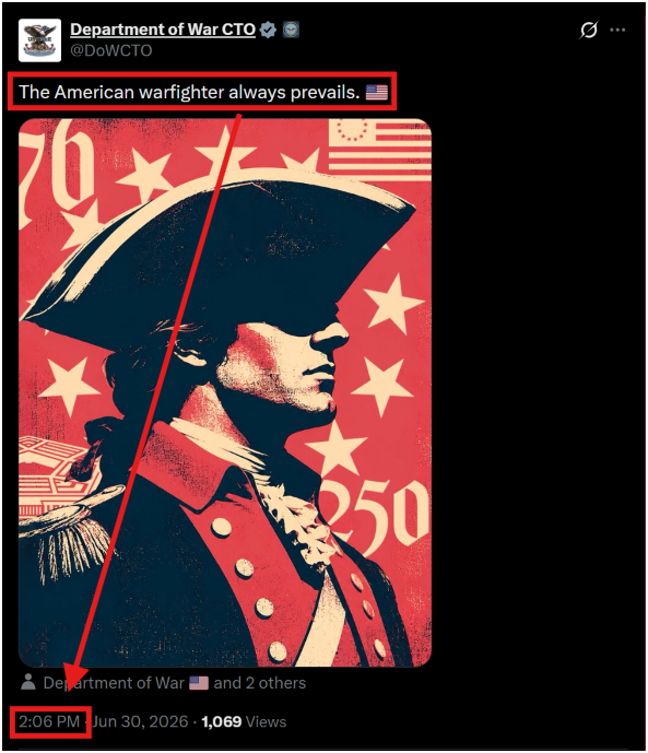 7thDean's tweet photo. The Department of War CTO's post " The American warfighter always prevails.🇺🇸" with a meme of a Continental Army soldier from 1776 celebrated the 250th anniversary of America and has a timestamp of 2:06 PM EST

Q 206
Can’t wait for the green light.
Teams on standby. 
Q

🚨The Comm: The American warfighter always prevails and we can't wait for the green light. We are standing by!🪖👊🇺🇸🫡