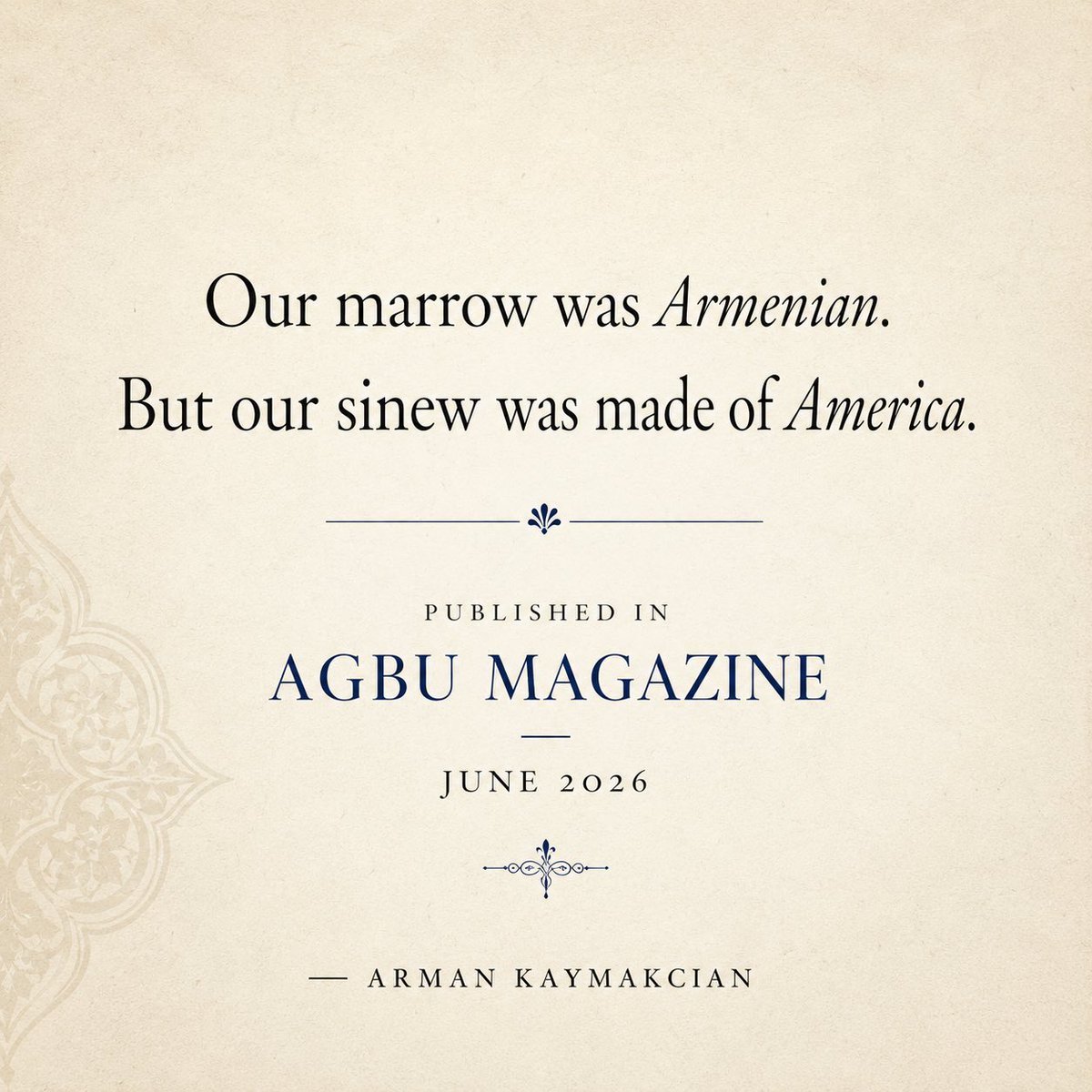 ArmanKaymakcian's tweet photo. A world I knew as a child now feels almost unreal to me. I wanted to preserve something of that vanished world and what it meant to grow up Armenian American. Honored to appear in AGBU. Read full poem on https://t.co/H4UZQryhLw
#ArmenianAmerican #Poetry #AGBU #WritingCommunity https://t.co/n77Zv12ULJ