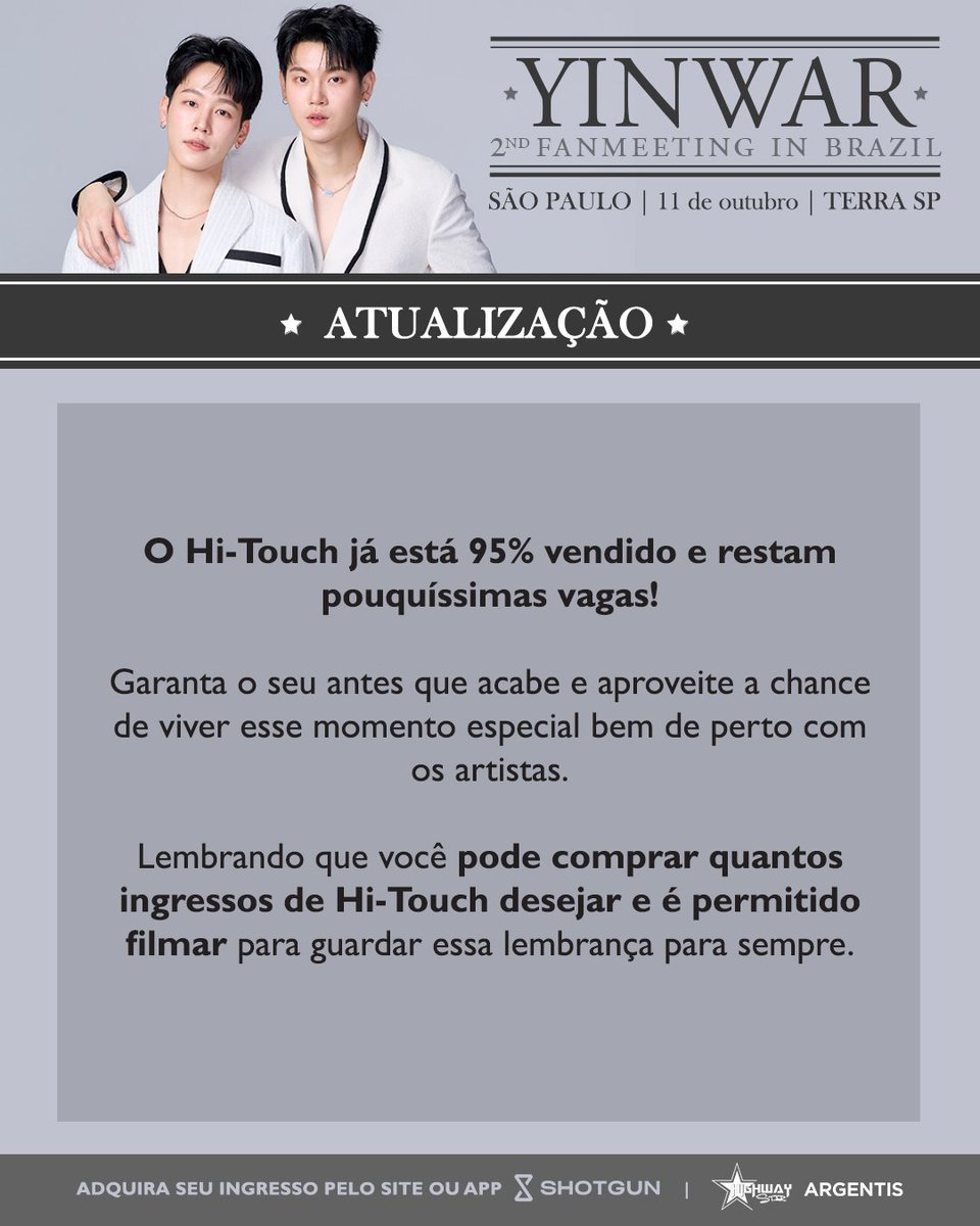 followhwstar's tweet photo. Já chegamos a 95% do hi-touch vendido 😍
Vocês estão mesmo querendo ver #YinWar 

Então corre para adquirir o seu antes que acabe! 🏃‍♀️

YINWAR 2ND FANMEETING IN BRAZIL
📅 11 de outubro de 2026 (domingo) às 19h30
📍 Terra SP - São Paulo https://t.co/cAnLNYWTNj