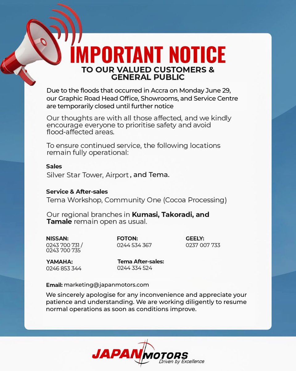GeelyGhana's tweet photo. We sincerely apologise for any inconvenience and appreciate your patience and understanding. We are working diligently to resume normal operations as soon as conditions improve.

🚨🚨🚨STAY SAFE https://t.co/td63lAhrbL