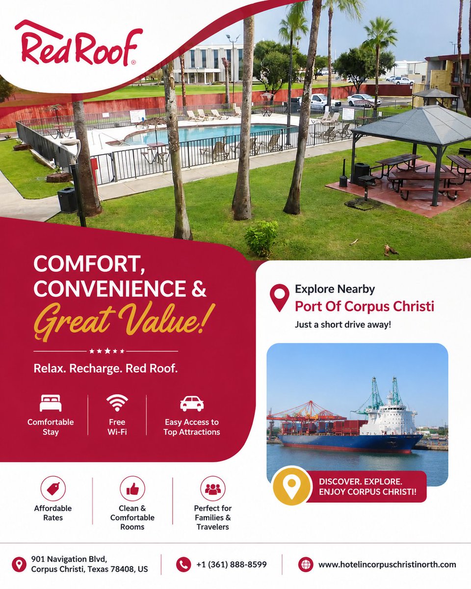 redrooftxhotel's tweet photo. Comfort, convenience &amp; great value in Corpus Christi Stay near the Port of Corpus Christi and enjoy a relaxing, budget-friendly stay with easy access to top attractions.
+1 (361) 888-8599
#RedRoofInn #CorpusChristi #TexasHotels #BudgetStay #PortOfCorpusChristi #TravelTexas #Hotel https://t.co/uyw1LrokxU