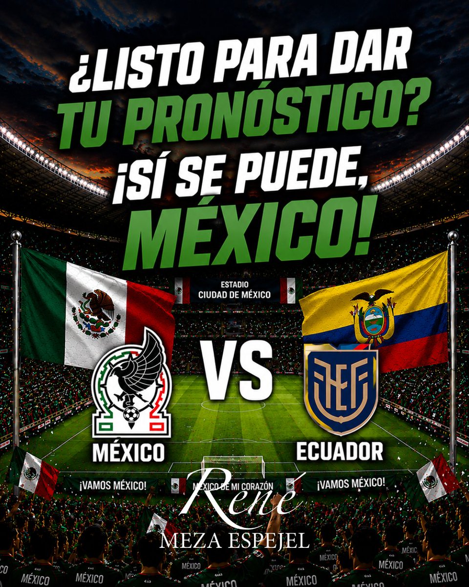 renemezae's tweet photo. 🇲🇽⚽ Hoy todos jugamos el mismo partido.

La ilusión está en la cancha y el apoyo en cada aficionado. 💚🤍❤️

¿Cuál es tu pronóstico para el México 🆚 Ecuador?

#SíSePuedeMéxico #MéxicoVsEcuador #VamosMéxico #Notaría52 #NotarioPúblico https://t.co/WuUCHc9xJY