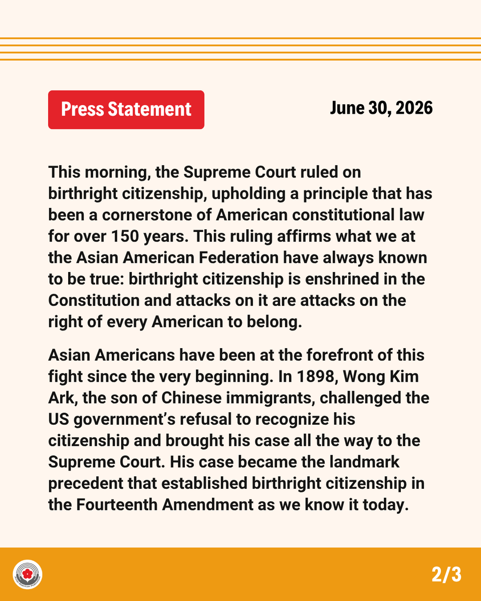 AAFederation's tweet photo. Today’s Supreme Court ruling affirms what we at AAF have always known to be true: birthright citizenship is enshrined in the Constitution and attacks on it are attacks on the right of every American to belong. https://t.co/2jtvlM72rq