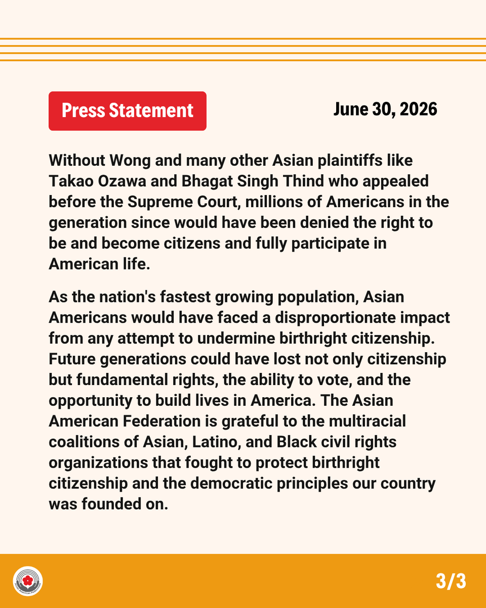 AAFederation's tweet photo. Asian  Americans have been at the forefront of this fight since the beginning and we are grateful to the many organizations that have fought tirelessly to protect birthright citizenship and the democratic principles our country was founded on. https://t.co/QqwIvuLroL
