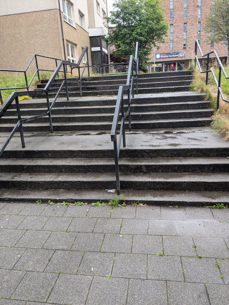 rob_milky's tweet photo. Stumbled across two dangerous sets of steps on Kennedy Path in Glasgow with ZERO high-vis edging (see files 1000048863.jpg &amp; 1000048865.jpg). The concrete edges blend right into the ground—a complete invisible fall trap for blind and partially https://t.co/VU0uET19ER