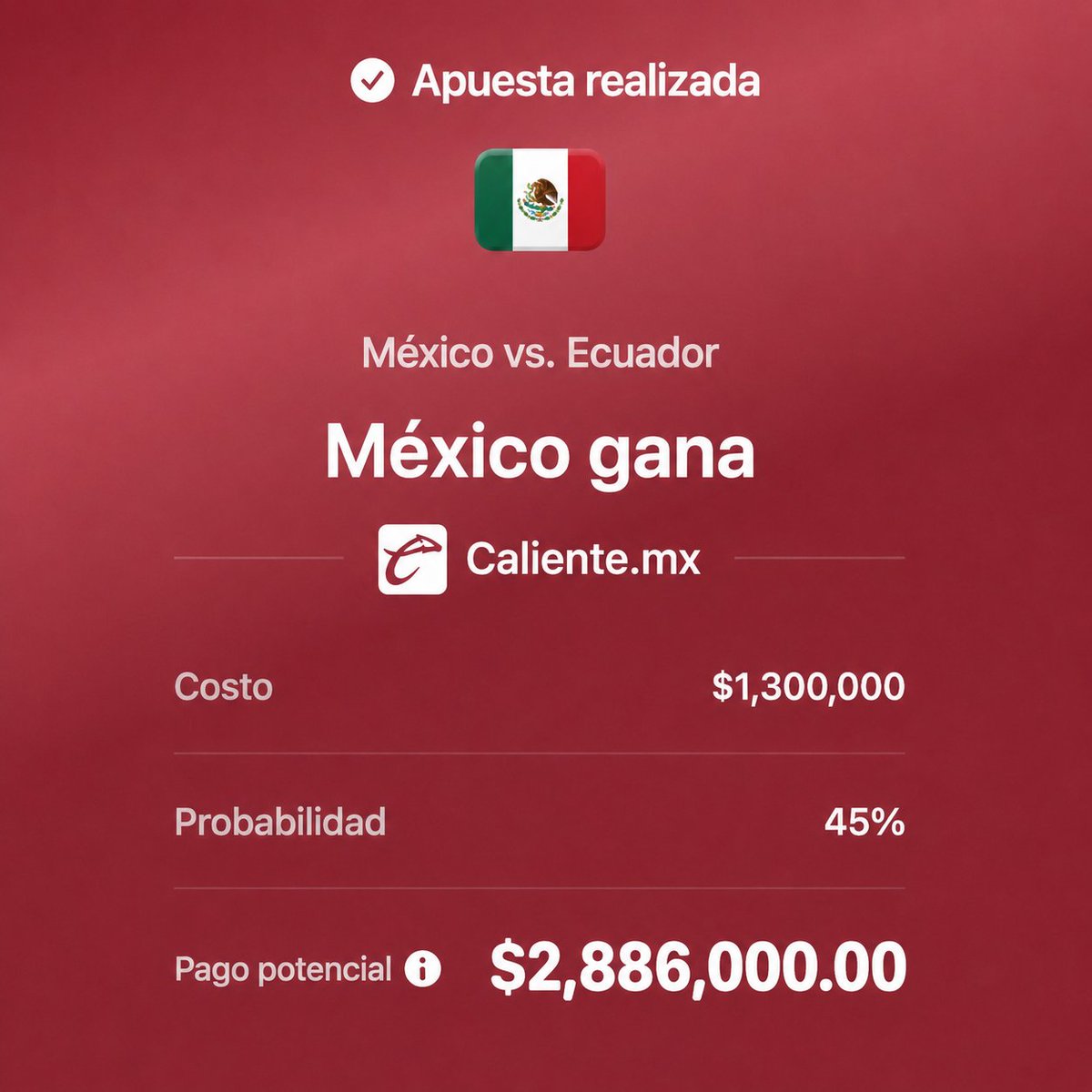 SoloApuestasmx's tweet photo. 🚨 ¡ESTO ACABA DE PASAR EN CALIENTE!
Alguien metió $1.3M a que Ecuador NO ganaba contra los mexicanos.
¡Y se llevó $2,886,000!