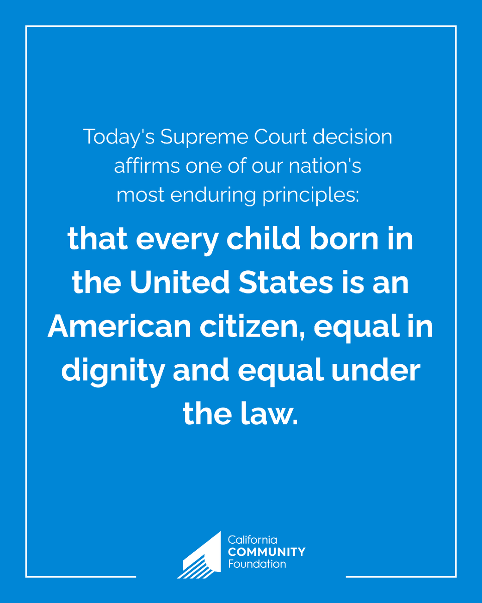 calfund's tweet photo. Today's Supreme Court decision affirms one of our nation's most enduring principles: that every child born in the US is an American citizen, equal in dignity and equal under the law.
 
CCF remains steadfast in the work of making liberty and equality real for every generation. https://t.co/CCdAYIzWCN