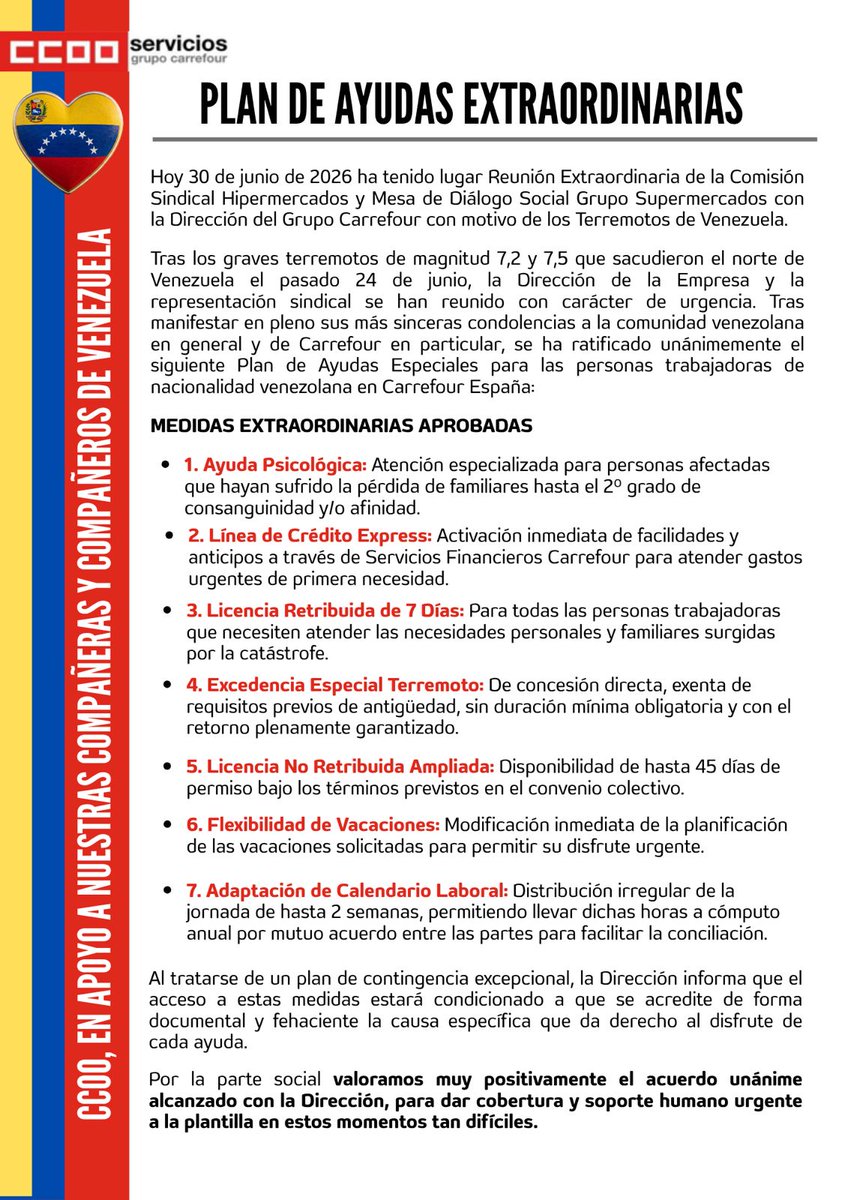 CCOOCarrefour's tweet photo. 🚨 PLAN DE AYUDAS EXTRAORDINARIAS 🚨

Tras los graves terremotos en Venezuela 🇻🇪, Grupo Carrefour y la representación sindical aprueban un plan de contingencia urgente para las personas trabajadoras venezolanas en España: https://t.co/XAMumqa8L6