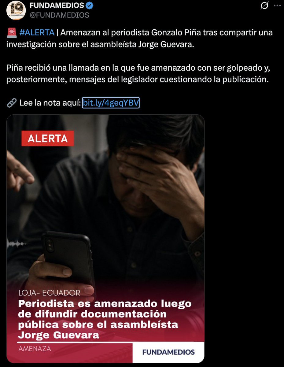 ecuainm_oficial's tweet photo. ‼️#URGENTE
Fundamedios alertó que el periodista Gonzalo Piña denunció haber sido víctima de amenazas y hostigamiento tras publicar, el 23 de junio en Radio Pichincha, una investigación sobre el proceso de insolvencia que enfrenta el asambleísta de ADN, Jorge Guevara. Según la organización, Piña recibió una llamada con amenazas de agresión y posteriormente mensajes del legislador cuestionando la publicación.