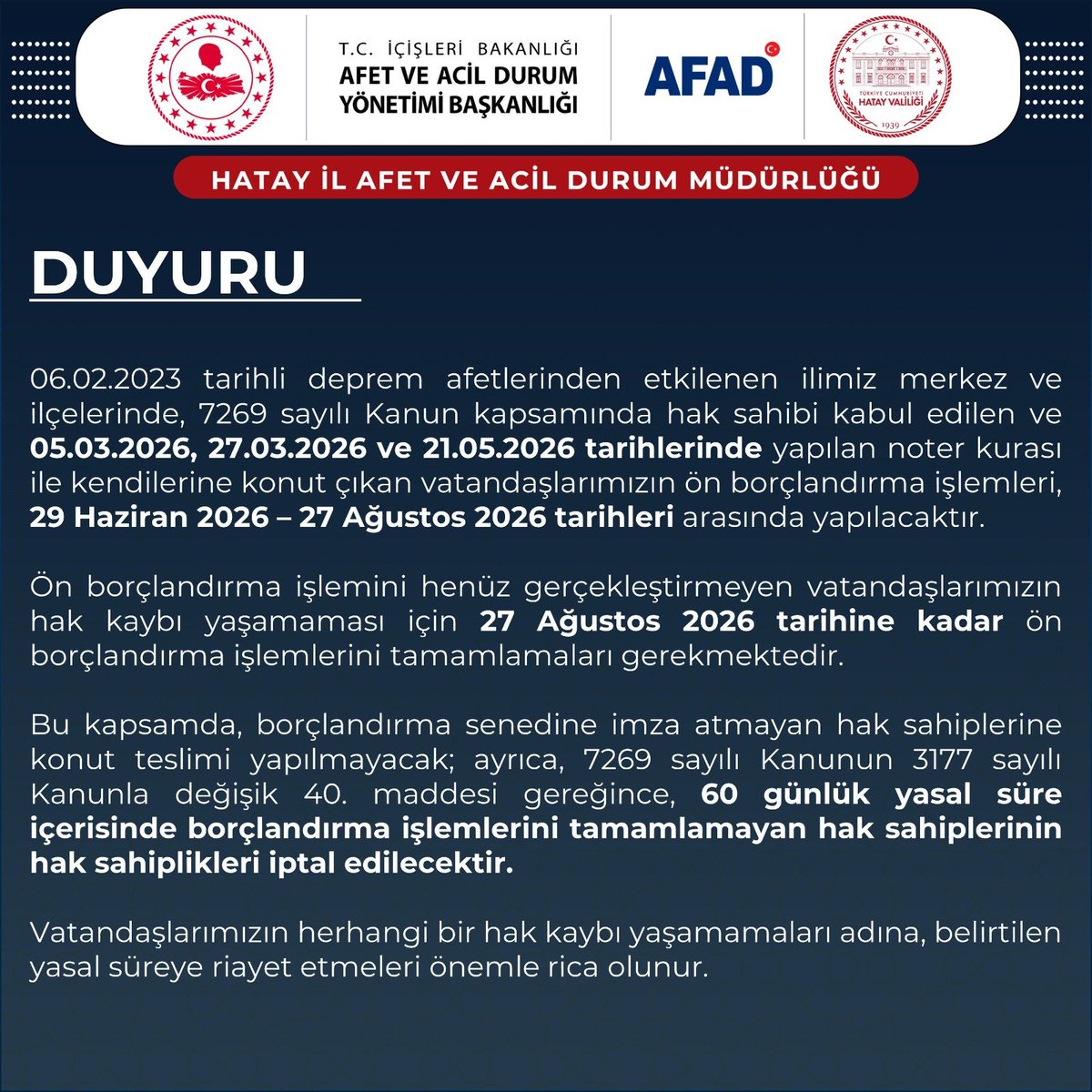 AFADHatay's tweet photo. Kamuoyuna saygıyla duyurulur.

@afadbaskanlik @hatayvaliligi 

#Hatay #AFAD #Duyuru https://t.co/EgwiRjbZu4