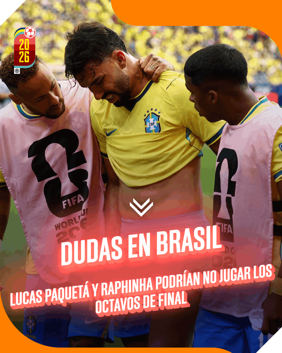 estoenlinea's tweet photo. SE ENCIENDEN LAS ALARMAS EN BRASIL.🇧🇷🚨

Lucas Paquetá y Raphinha están en duda de cara a los octavos de final del Mundial 2026. 

#ESTOEnElMundial #FIFAWorldCup #FWC26 https://t.co/3dep6KSWjx