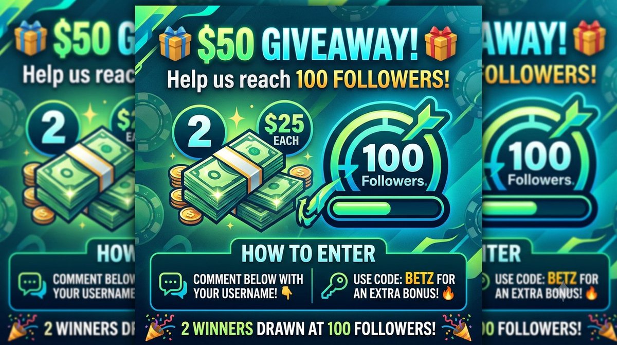 AmanBetz's tweet photo. 🎉$50 GIVEAWAY!🎉
Giving away $25 each to 2 lucky people as soon as we hit 100 followers! ❤️
How to enter:
👇 Comment your username below!
🔥 **BONUS:** If you're signed up under code **Betz**, you get an extra reward! Good luck! 💸🚀

#Giveaway #stake #stakeusa #freemoney #100followers
