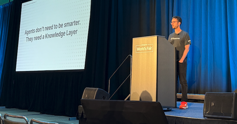 pinecone's tweet photo. Our Founder and Chief Scientist @EdoLiberty just kicked off the Search &amp; Retrieval track @aiDotEngineer. "Agents don't need to be smarter. They need a Knowledge Layer." We've got a big update on this coming tomorrow... https://t.co/A9s2CSony3