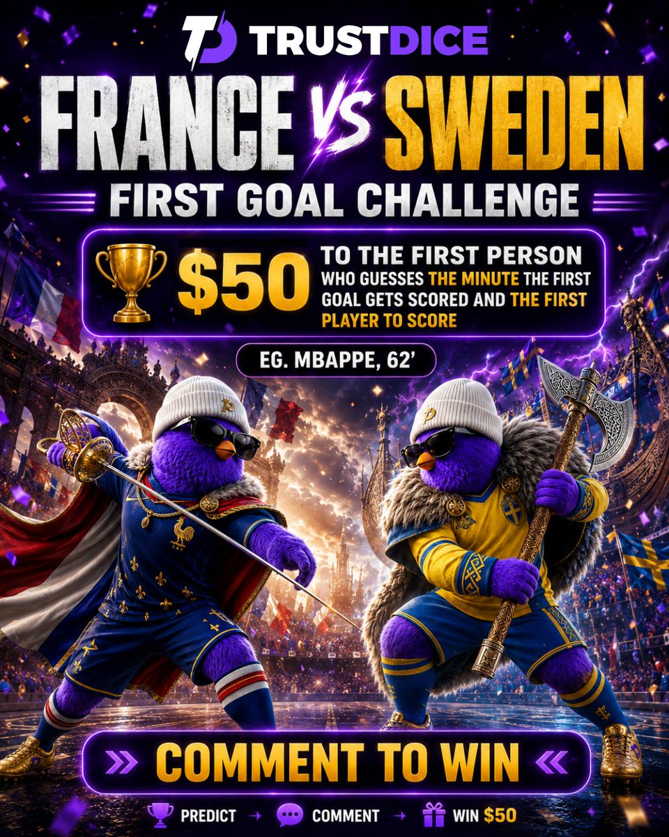 TrustDice's tweet photo. 🇫🇷 #FRANCE VS #SWEDEN 🇸🇪
$50 FIRST GOAL CHALLENGE is live 🔥⚽

Predict the first goalscorer + minute before kickoff ⏱️
Example: Mbappe, 62’ 👀

To enter:
💬 Comment your pick
🔁 Repost this
👥 Tag 2 friends
🔗 Click the link in the comments to register

Winner will be tipped after the game!