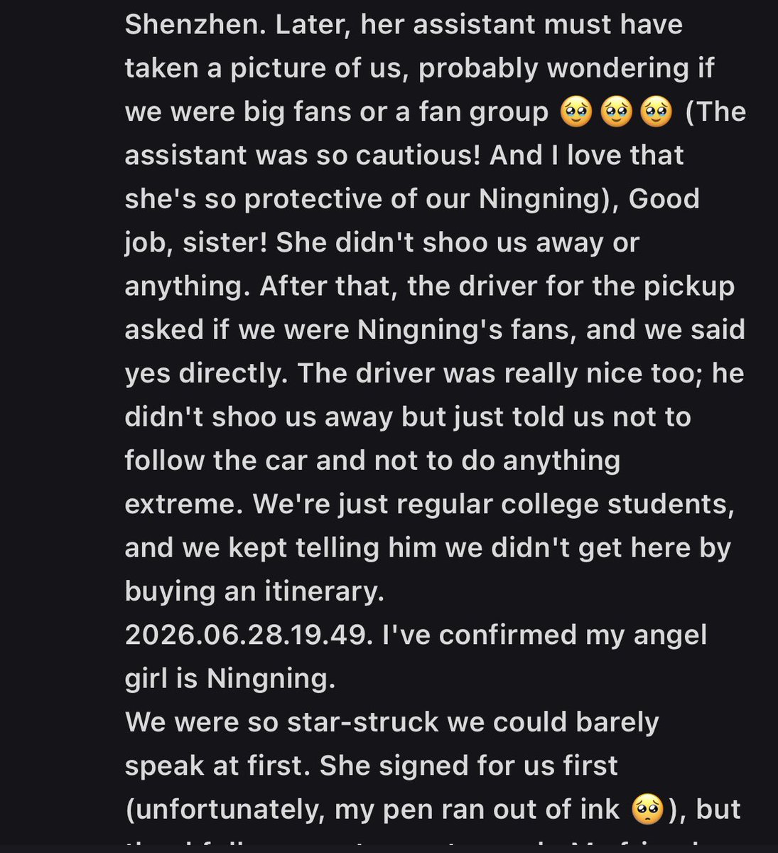paraglideee's tweet photo. OP n her friend met ningning at harbin airport two days ago. they received her sign n had some convos while ningning listened and comforted OP who was crying 🥹 bc it was a private schedule OP didn’t take pics/vids. OP also emphasizes she didn’t buy her itinerary or following her https://t.co/Cx3GZbLu4d