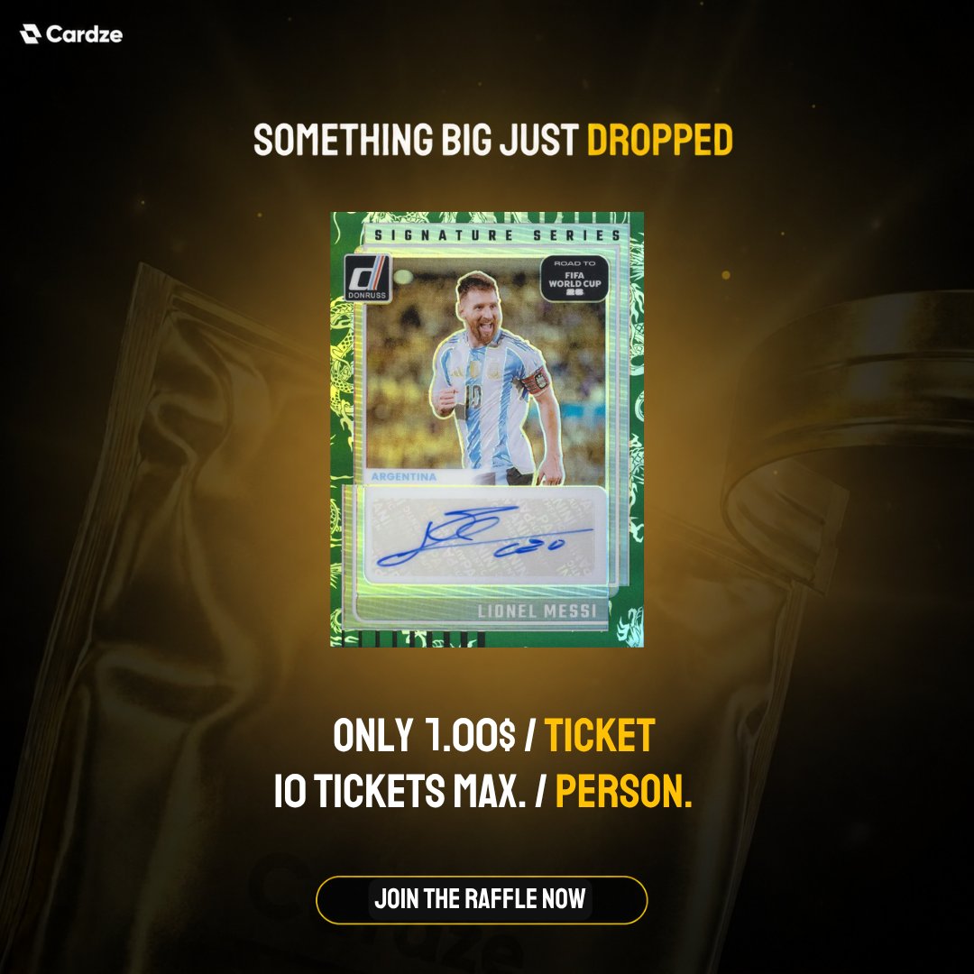 CardzeOfficial's tweet photo. Signed Messi just hit the site 🔥

Here's the deal:
- $1 per ticket
- 10 tickets max per person

Good luck 🍀
https://t.co/AJDKRJPw76 https://t.co/29NzNXv8MN