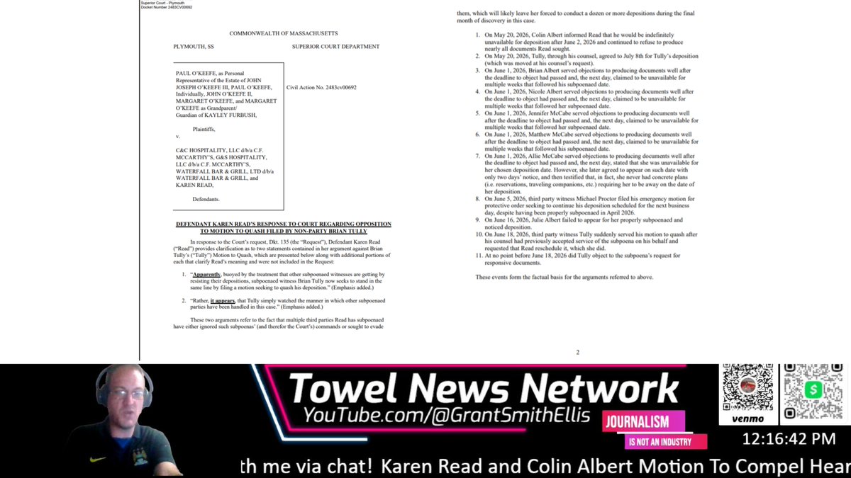 GrantSmithEllis's tweet photo. NEW 🚨🚨:

Karen Read has filed the following document in response to Judge Gildea's request for more information about which witnesses in the John O'Keefe civil trial have been avoiding their depositions.

Karen states as follows:

"In response to the Court’s request, Dkt. 135 (the “Request”), Defendant Karen Read (“Read”) provides clarification as to two statements contained in her argument against Brian Tully’s (“Tully”) Motion to Quash, which are presented below along with additional portions of each that clarify Read’s meaning and were not included in the Request:

1. “Apparently, buoyed by the treatment that other subpoenaed witnesses are getting by resisting their depositions, subpoenaed witness Brian Tully now seeks to stand in the same line by filing a motion seeking to quash his deposition.” (Emphasis added.)

2. “Rather, it appears, that Tully simply watched the manner in which other subpoenaed parties have been handled in this case.” (Emphasis added.)

These two arguments refer to the fact that multiple third parties Read has subpoenaed have either ignored such subpoenas’ (and therefor the Court’s) commands or sought to evade them, which will likely leave her forced to conduct a dozen or more depositions during the final month of discovery in this case.

1. On May 20, 2026, Colin Albert informed Read that he would be indefinitely unavailable for deposition after June 2, 2026 and continued to refuse to produce nearly all documents Read sought.

2. On May 20, 2026, Tully, through his counsel, agreed to July 8th for Tully’s deposition (which was moved at his counsel’s request).

3. On June 1, 2026, Brian Albert served objections to producing documents well after the deadline to object had passed and, the next day, claimed to be unavailable for multiple weeks that followed his subpoenaed date.

4. On June 1, 2026, Nicole Albert served objections to producing documents well after the deadline to object had passed and, the next day, claimed to be unavailable for multiple weeks that followed her subpoenaed date.

5. On June 1, 2026, Jennifer McCabe served objections to producing documents well after the deadline to object had passed and, the next day, claimed to be unavailable for multiple weeks that followed her subpoenaed date.

6. On June 1, 2026, Matthew McCabe served objections to producing documents well after the deadline to object had passed and, the next day, claimed to be unavailable for 

7. On June 1, 2026, Allie McCabe served objections to producing documents well after the deadline to object had passed and, the next day, stated that she was unavailable for her chosen deposition date. However, she later agreed to appear on such date with only two days’ notice, and then testified that, in fact, she never had concrete plans (i.e. reservations, traveling companions, etc.) requiring her to be away on the date of her deposition. 

8. On June 5, 2026, third party witness Michael Proctor filed his emergency motion for protective order seeking to continue his deposition scheduled for the next business day, despite having been properly subpoenaed in April 2026. 

9. On June 16, 2026, Julie Albert failed to appear for her properly subpoenaed and noticed deposition. 

10. On June 18, 2026, third party witness Tully suddenly served his motion to quash after his counsel had previously accepted service of the subpoena on his behalf and requested that Read reschedule it, which she did. 

11. At no point before June 18, 2026 did Tully object to the subpoena’s request for responsive documents.

Read the full document here: https://t.co/7m1yKauggs