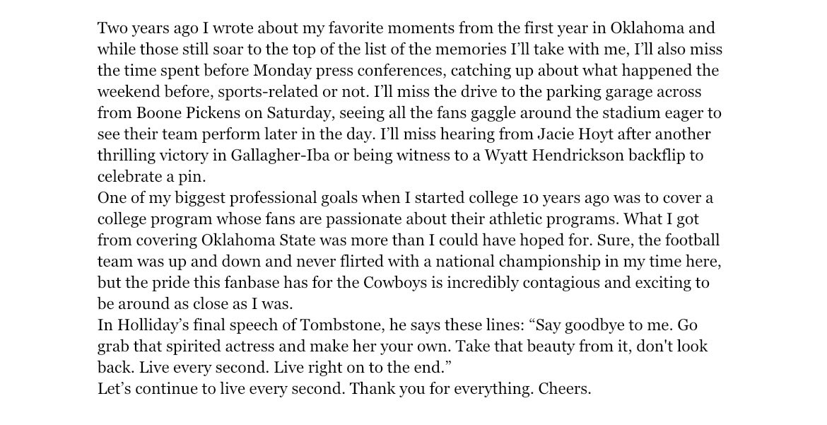 McclainBaxley's tweet photo. Personal news: Today is my last day with GoPokes and 247Sports. Thanks to all for the last three years🫶 https://t.co/rRpkU1RdWe
