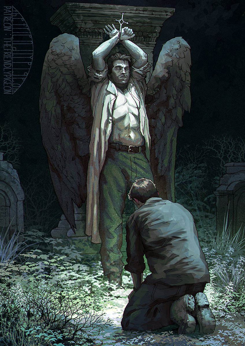 _FriendlyPigeon's tweet photo. CRYPTID!CASTIEL 
In my head, Castiel is kind of like the patron saint of hunters in this AU. Dean regularly comes to visit him, leaving little offerings,candles, praying for protection before heading back out into the  world. 💙
#supernatural https://t.co/8Nt0bTHwpQ