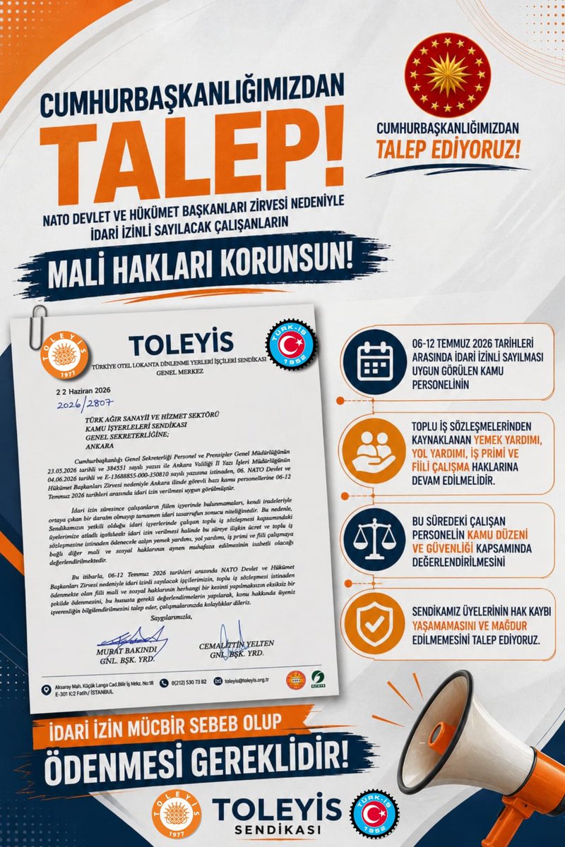 Bycirkin6403's tweet photo. NATO Zirvesi nedeniyle uygulanacak idari izin mücbir sebeptir. kendi iradesi dışındaki bu süreçte yol, yemek ve iş primi ücretleri kesilmemelidir!
​TOLEYİS Sendikası olarak iscilerin hak kaybına uğramaması için sonuna kadar mücadele edeceğiz! 
​@iletisim @tcbestepe @csgbakanligi https://t.co/RVStz0P8Oc
