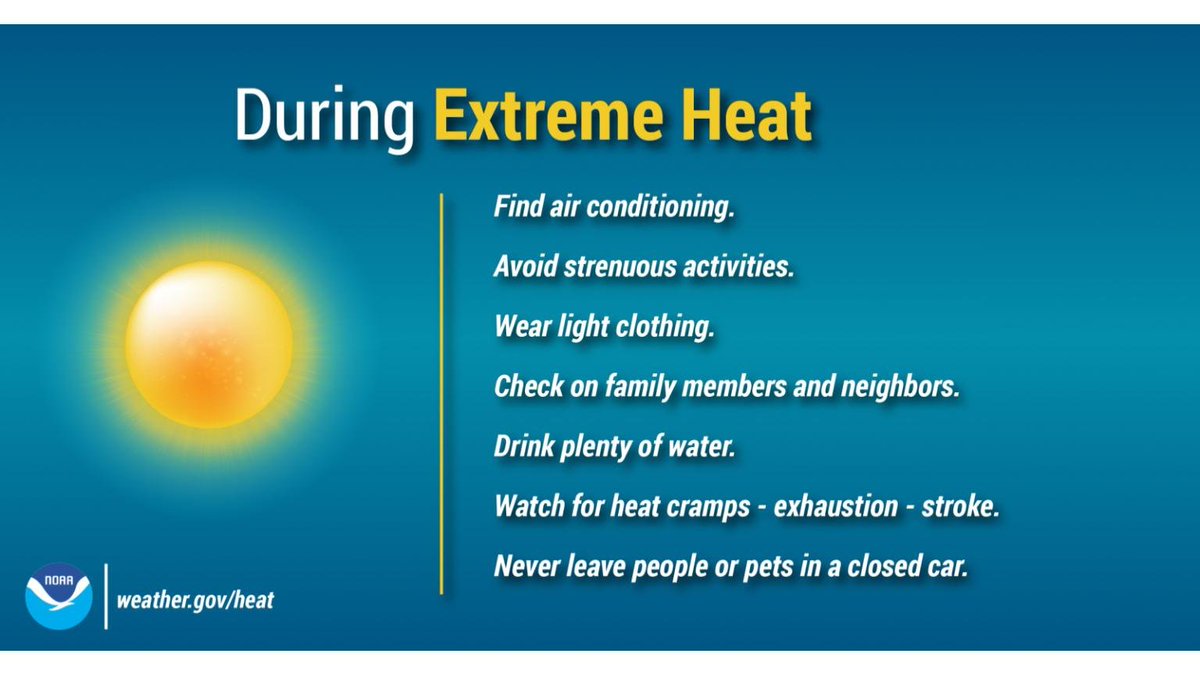NWSCLE's tweet photo. ⚠️🌡️ Extreme heat will continue across the region through at least Thursday, with maximum daily heat indices ranging between 100 to 107°F and minimum overnight temperatures in the mid to upper 70s. https://t.co/bV7K0eNO7z