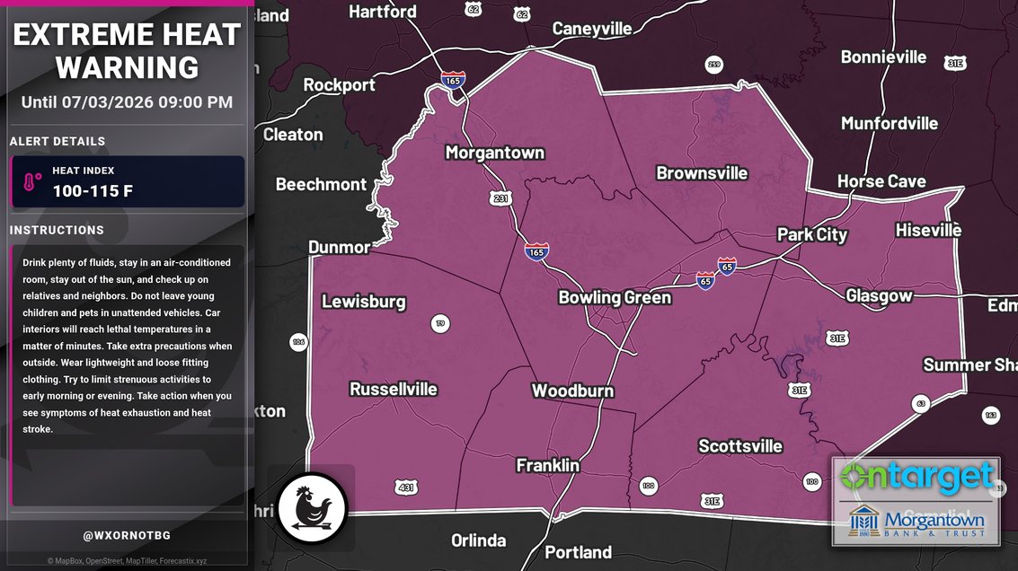 wxornotBG's tweet photo. (Event extended) Extreme Heat Warning for Butler, Edmonson &amp; Others until 8 PM CDT Fri. Heat index 100-115°F with hot, humid nights. Watch for heat illness; limit outdoor time, hydrate, check on others. https://t.co/hwIUUEZgzB