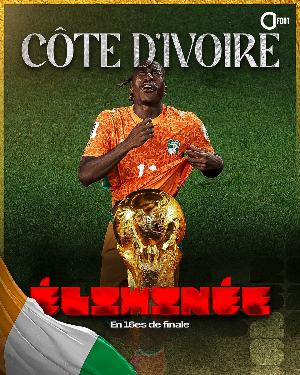 ActuFoot_'s tweet photo. 🚨🚨 OFFICIEL ! LA CÔTE D'IVOIRE 🇨🇮 EST ÉLIMINÉE DE LA COUPE DU MONDE ! ❌😢 https://t.co/h3l56uR918