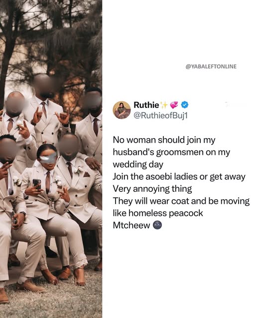 yabaleftonline's tweet photo. "No woman should join my husband's groomsmen on my wedding day. Join the asoebi ladies or get away" – Lady says https://t.co/IFZHAao0Wt