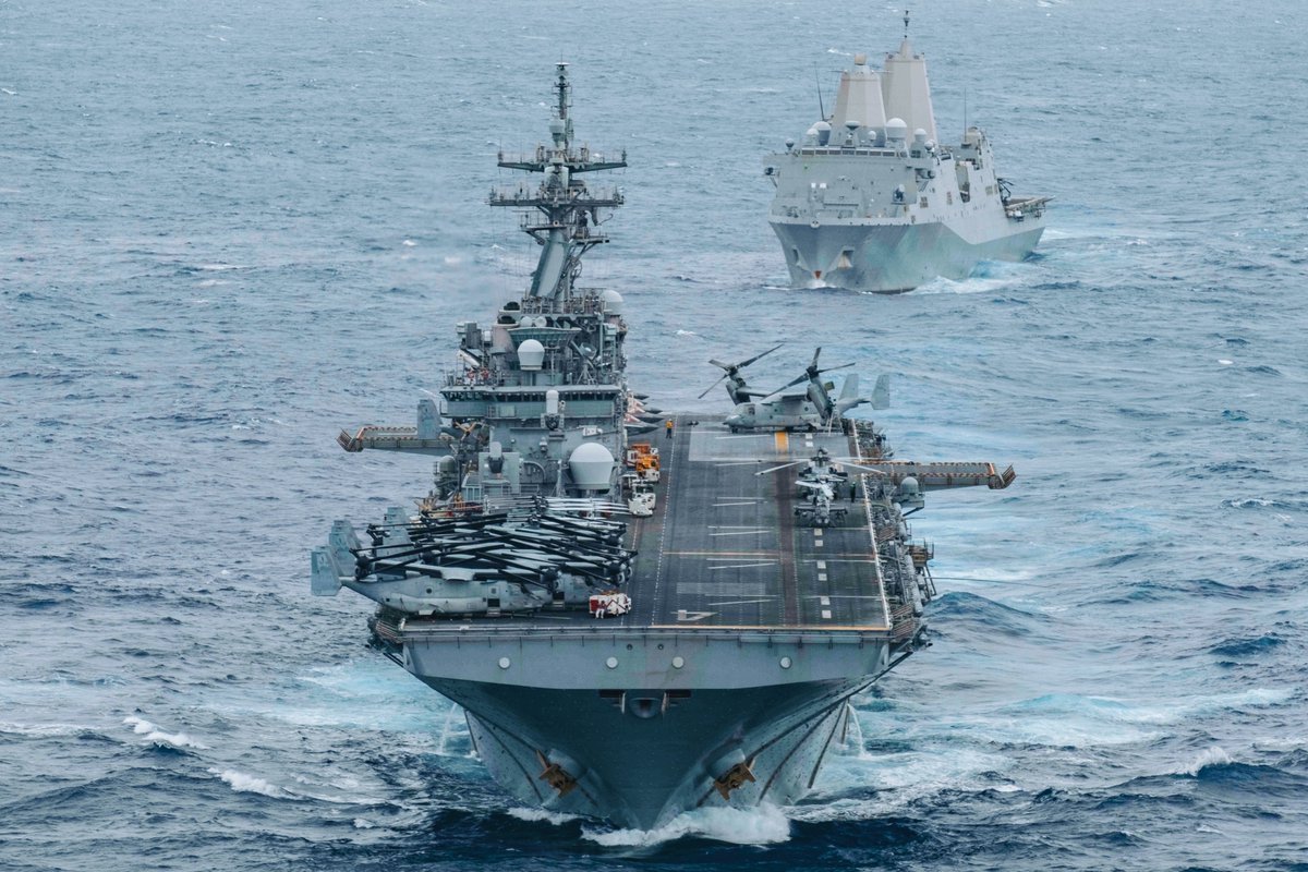 CENTCOM's tweet photo. USS Boxer (LHD 4) and USS Portland (LPD 27) sail in formation while transiting the Indian Ocean, June 30, 2026. The Boxer Amphibious Ready Group (ARG) and embarked 11th Marine Expeditionary Unit are currently operating in the Middle East as part of a scheduled deployment. The Boxer ARG includes USS Comstock (LSD 45), which arrived in the region in early May.