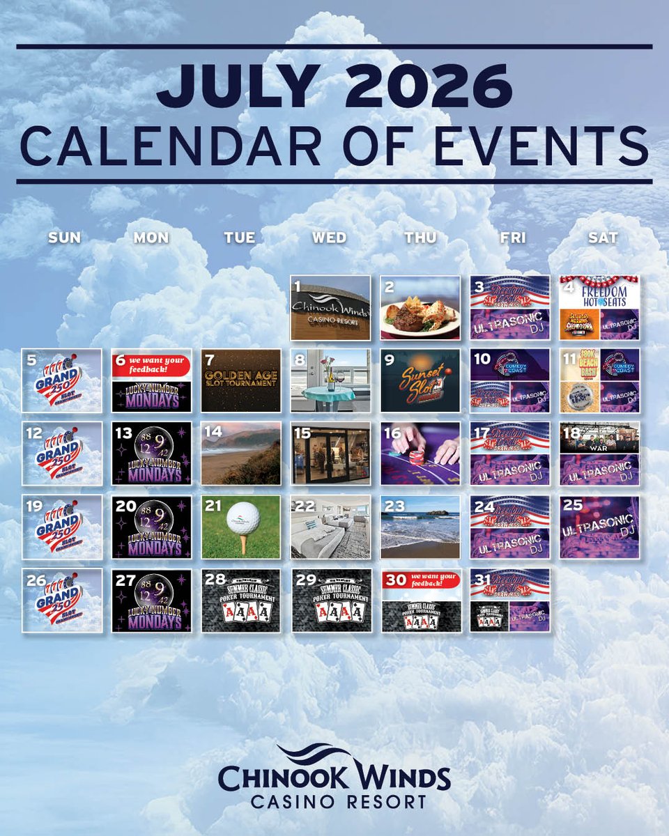 ChinookWinds's tweet photo. From Beach, Bacon, &amp; Brews to celebrating America's 250th birthday through exciting promotions all month long, we have plenty of fun in store for you at Chinook Winds this July! 

Events: https://t.co/XOxJjv58o4

Promotions: https://t.co/NfmvGChv9u https://t.co/UzTFP34iby