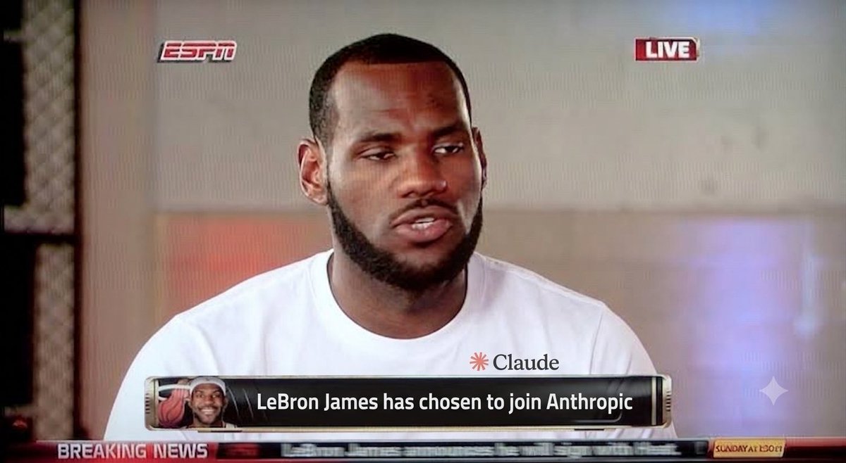 TrungTPhan's tweet photo. BREAKING: Lebron has made his latest free agency decision. He will join Anthropic. 

When asked how many frontier models he plans to work on, the NBA legend said:
“Not one, not two, not three, not four, not five, not six, not seven...maybe 9 or 10.” https://t.co/BtBkB7JGZM