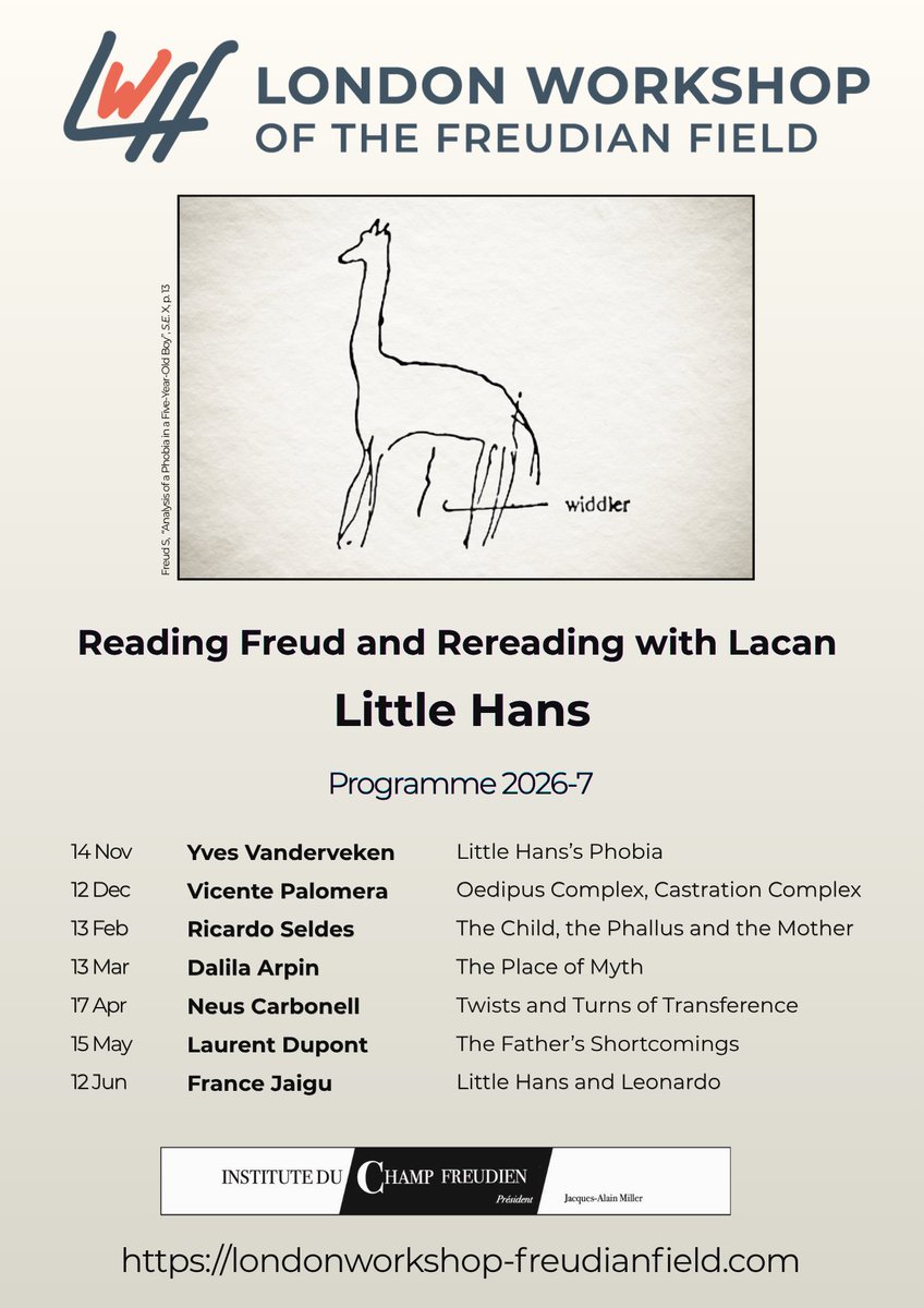 FreudianFieldUK's tweet photo. The programme of the 2026-2027 London Workshop has just been published
✨𝐑𝐞𝐚𝐝𝐢𝐧𝐠 𝐅𝐫𝐞𝐮𝐝 𝐚𝐧𝐝 𝐑𝐞𝐫𝐞𝐚𝐝𝐢𝐧𝐠 𝐰𝐢𝐭𝐡 𝐋𝐚𝐜𝐚𝐧
𝐿𝘪𝑡𝘵𝑙𝘦 𝘏𝑎𝘯𝑠
More information soon!
#freudianfield #psychoanalysis #Freud #Lacan https://t.co/cLs1IIXDrD
