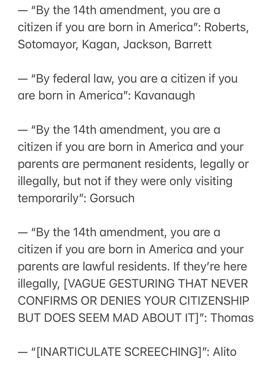 PanasonicDX4500's tweet photo. Breaking down the citizenship ruling:

- It’s a 6-3 ruling in favor of birthright citizenship as it exists, but only 5-4 of it being constitutionally required

- It’s 7-1-1 in favor of children of illegal immigrants having citizenship, with the same 6-2-1 constitutional carve-out https://t.co/9AenpIQIP1