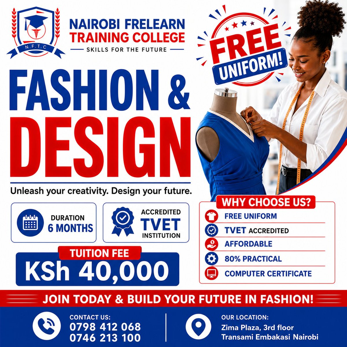 FreLearnCollege's tweet photo. 👗 FASHION &amp; DESIGN 

📌 INTAKE ONGOING 

Step into the world of style, creativity, and innovation with our School of Fashion and Design, where passion becomes profession and talent turns into income.

📞 CALL or WHATSAPP:
0798412068 | 0746213100 https://t.co/UILjhjmBoZ