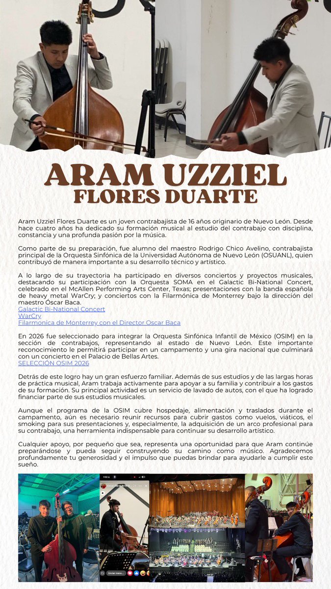 jaazmin90's tweet photo. Hola, buscamos apoyo para mi sobrino Aram quien fue seleccionado por la OSIM, para esta participación necesitan cubrir gastos que no estaban presupuestados, nos ayudan reposteando 🙏🏻
Principalmente necesitamos:
*Arco profesional para tocar el contrabajo
*Smoking #talentomexicano https://t.co/MRJNde4TKN