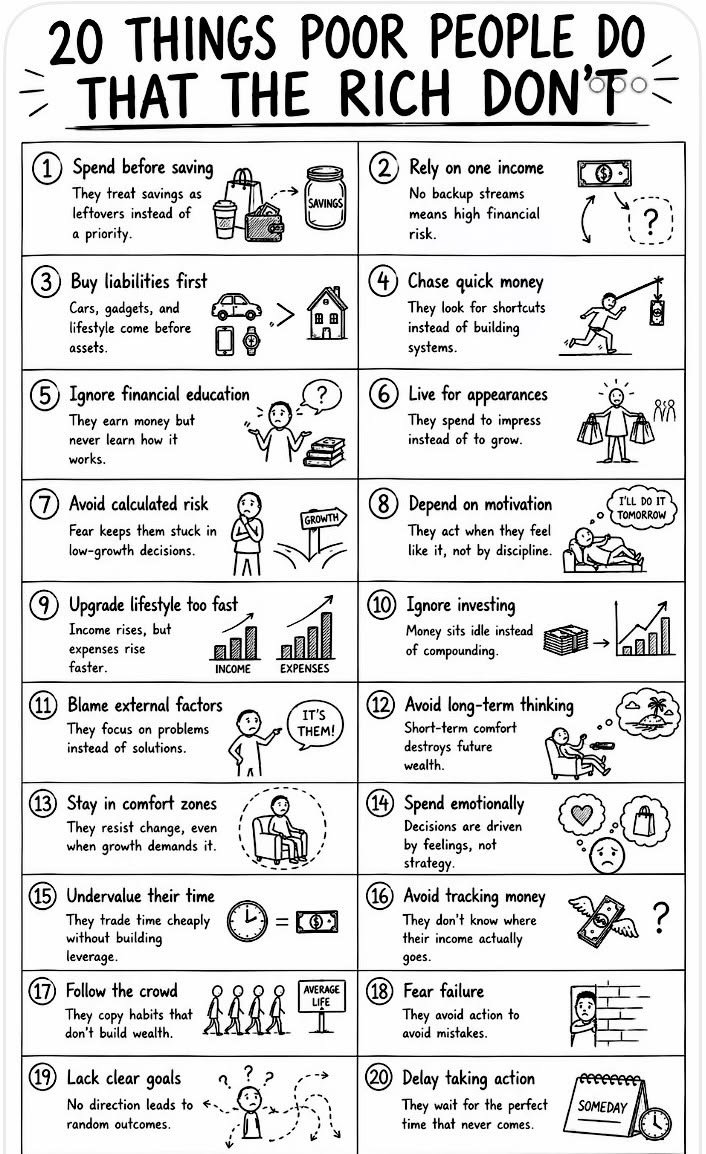 SarahAIHub's tweet photo. 20 Things Poor People Do That Tje Rich Don’t. https://t.co/7EP9O2Rn7W