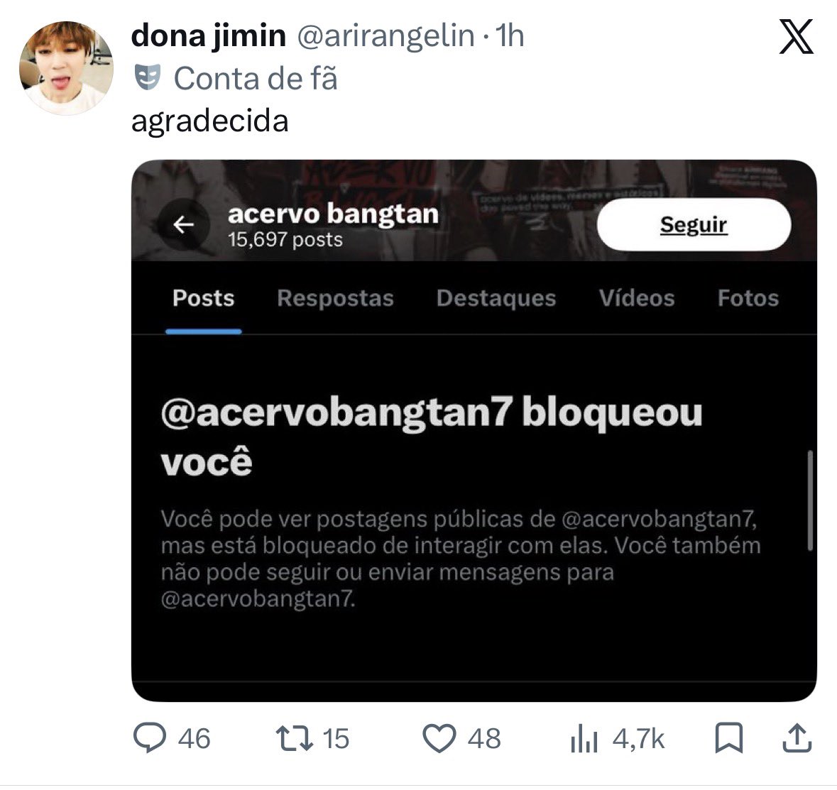acervobangtan7's tweet photo. Olá, vim ser o mais breve e sincera possível com vocês. 

acho coincidência demais um squad me chamar de anti do jimin logo após terem desativado o acervo jimin ontem. Mesmo squad que estava usando paus e ferros para defender esse acervo…
Engraçado que o motivo de eu ser “anti” é sobre não ter postado tag, que pasmem: EU POSTEI, não só pro Jimin como para TODOS OS MEMBROS QUE FORAM EXCLUÍDOS, enquanto o acervo que vocês estão defendendo com unhas e dentes não postou para nenhum outro membro além do Jimin, a cobrança de vocês é seletiva? Estão preocupados com os membros mesmo ou só estão de birra comigo por não ser do squad de vocês? 
Além disso, não sou obrigada a ver vocês usando o meu problema de saúde como piada, já estou enfrentando problemas demais na vida pessoal para ter que lidar com esse tipo de imaturidade. Bloqueei mesmo e vou bloquear qualquer um que fizer piada sobre meu estado de saúde ou me acusar de mentiras sem fundamento, o squad de vocês está bloqueado a muito tempo, só estão postando isso agora pq querem mudar o foco para aliviar a barra da amiga de vocês.