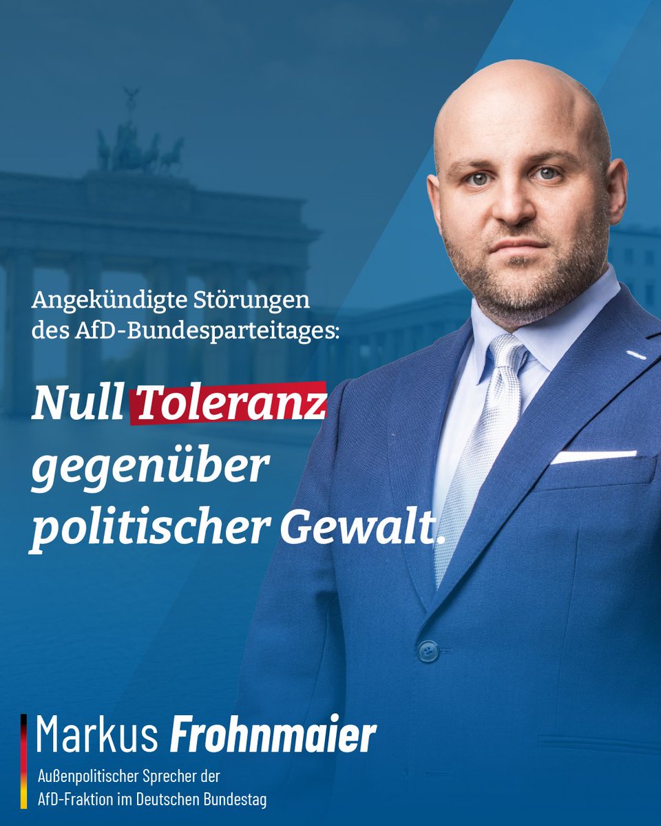 Frohnmaier_AfD's tweet photo. Die Gegenseite will mit tausenden Linken und Linksextremen einen faktischen Ausnahmezustand erzeugen und unseren Parteitag blockieren oder stören. Damit entlarven diese Leute sich selbst und zeigen, wer hier wirklich für Demokratie, Rechtsstaat und Meinungsfreiheit steht. AfD-Mitglieder kämen niemals auf die Idee, Parteitage anderer Parteien zu blockieren, zu stören oder gar einen Sturm auf Landtage anzukündigen. Nur im freien Wettbewerb der Ideen können die besten politischen Lösungen entstehen. Für mich gilt deshalb ganz klar: Null Toleranz gegenüber politischer Gewalt. #AfD