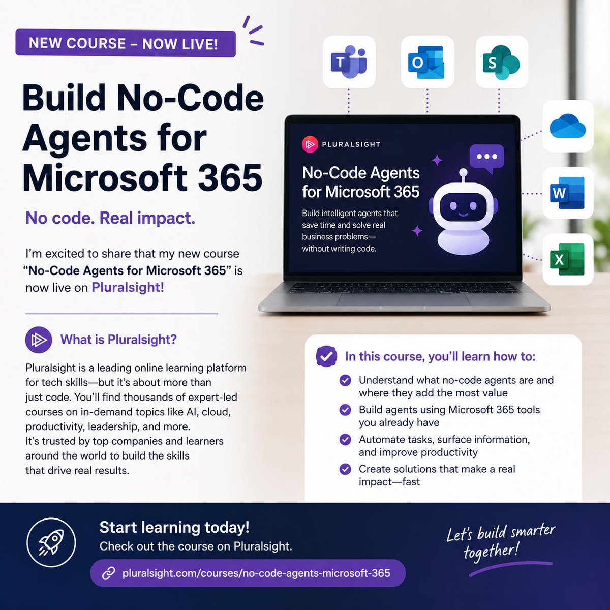 aprildunnam's tweet photo. My new Pluralsight course is live! 🎉

Build No-Code Agents for Microsoft 365 is a practical, ~1 hour course for learning how AI agents can help you automate work, surface info, and solve real business problems without writing code.

https://t.co/UkQr2DOMOh

#Microsoft365 https://t.co/rtA4JLAOP7