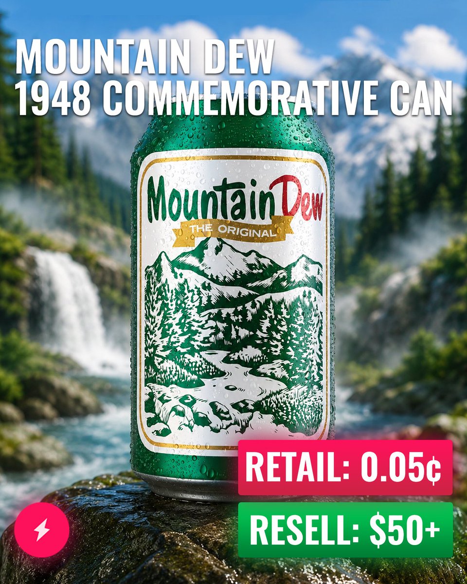 AMNotify's tweet photo. A 5-cent Mountain Dew can is reselling for $50+ 🥤

Mountain Dew released a Commemorative Can, only 1,948 made total worldwide. 

1,000x return on pocket change... 

Did you manage to grab one? 👀 https://t.co/hCdW2qG7ij