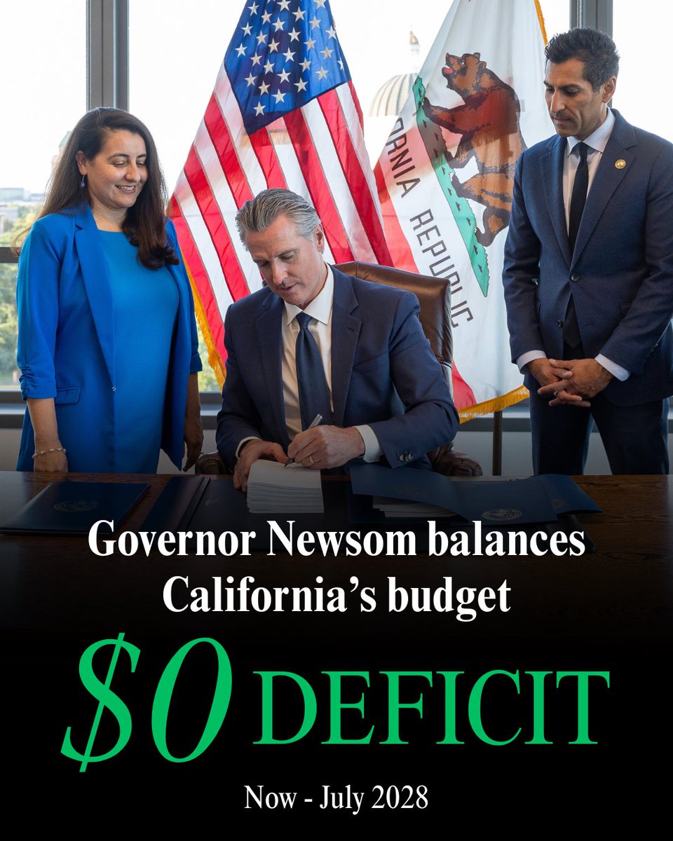 CAgovernor's tweet photo. I’ve signed my final budget as Governor of California – on time, balanced, and structurally sound. Not just for this year, but through June of 2028.

For the next two years, California will have a $0 deficit.

We’re leaving the state in good hands for the next Governor. https://t.co/cU2dggckBA