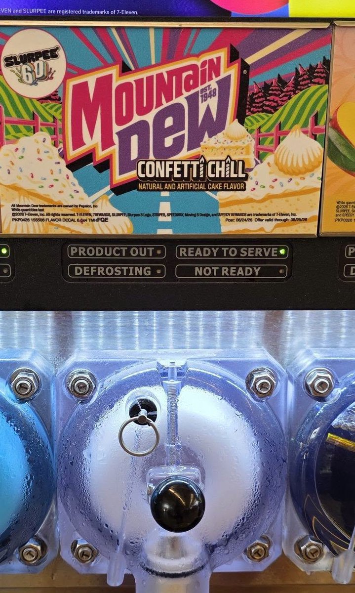 snackolator's tweet photo. 7-Eleven has a new Mountain Dew CONFETTI CAKE SLURPEE and it's actually pretty tasty?! 🍰🔥

It's also available at Speedway and always to be a Slurpee version of their Cake Smash flavor from 2021.

Are you trying it? I thought it was tasty... my wife did not care for it. https://t.co/BwtFU5dfLr