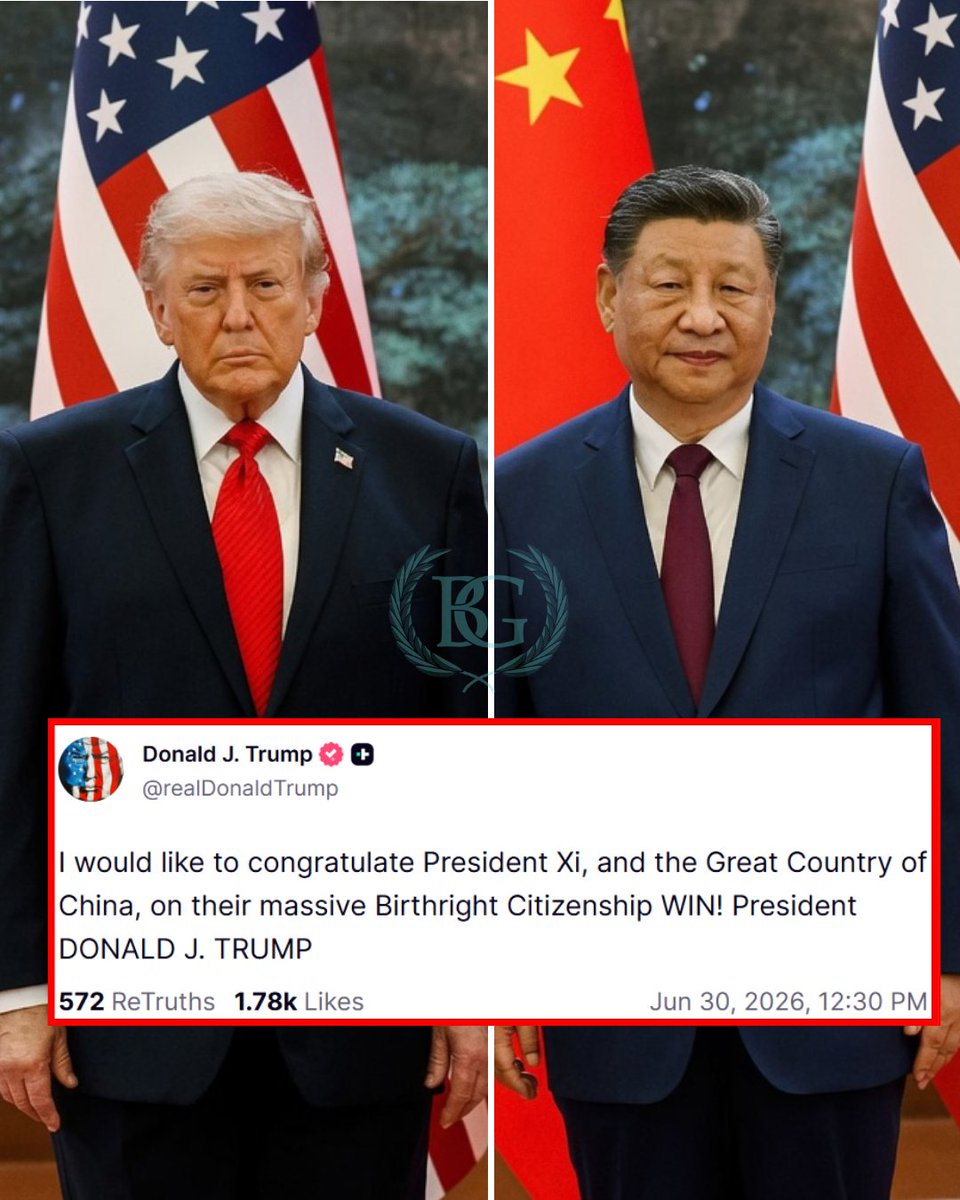 ACTBrigitte's tweet photo. Trump rips SCOTUS Birthright Citizenship ruling with a message to Xi.

"I would like to congratulate President Xi, and the Great Country of China, on their massive Birthright Citizenship WIN!"

American citizenship, earned through service, sacrifice, and the rule of law, has been cheapened by a loophole that lets foreigners and illegals steal what legal citizens worked for.