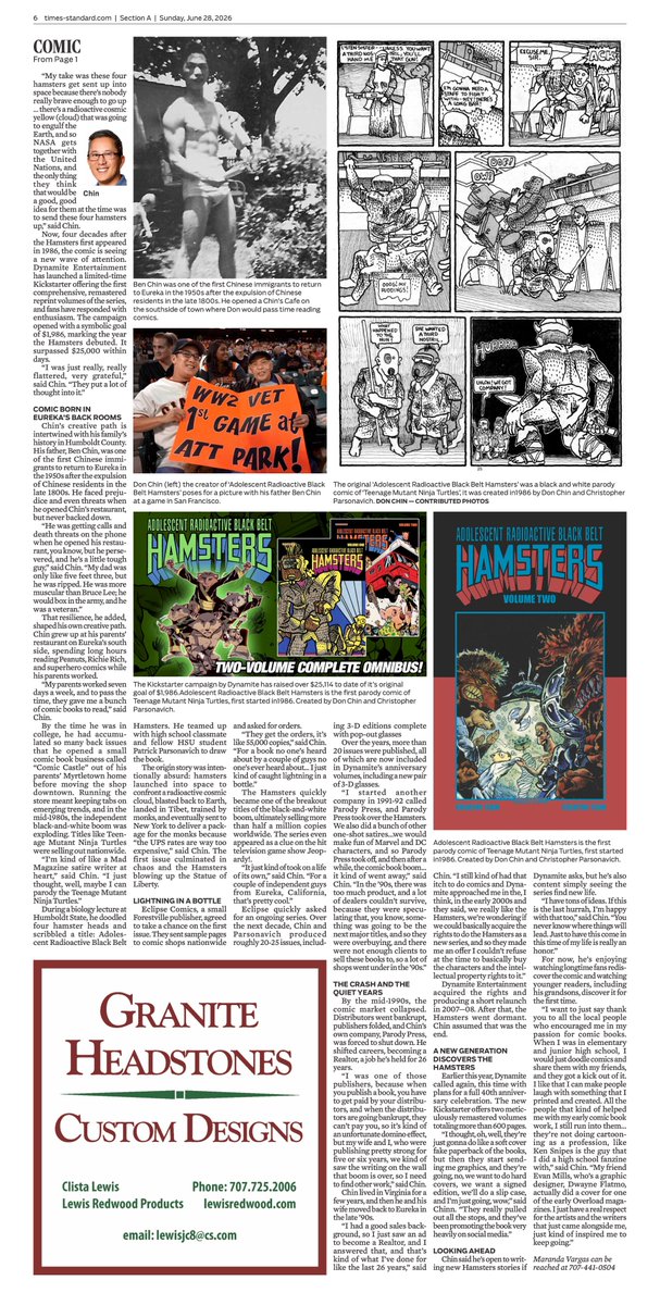 realdonchin's tweet photo. Thank you again to the @eurekaTS newspaper for publishing this story about my comics past and present and my family's rich history on the North Coast.  I love creating and I love Humboldt! 

The comic book campaign can be accessed here: https://t.co/N1xSZRn3Uf https://t.co/NgPgos8TuV