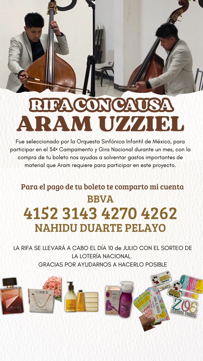 jaazmin90's tweet photo. @lamolechida @adrianm10 Hola Adrián y Mole, estamos buscando apoyo para mi sobrino Aram quien fue seleccionado por la Orquesta Sinfónica Infantil de México, para esta participación necesitan cubrir gastos que no estaban presupuestados, nos ayudan reposteando 🙏🏻 https://t.co/HqM3eIIhTH