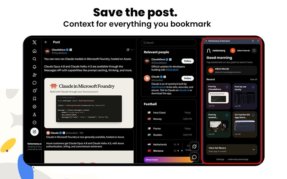 mendsalbert's tweet photo. @XDevelopers X bookmark search rarely finds what you actually saved.
We built Notemarq, MCP-connected bookmarks, added context, actually searchable.
Join the waitlist → https://t.co/zCXwcAfoY9 https://t.co/JPpmfpcoQm