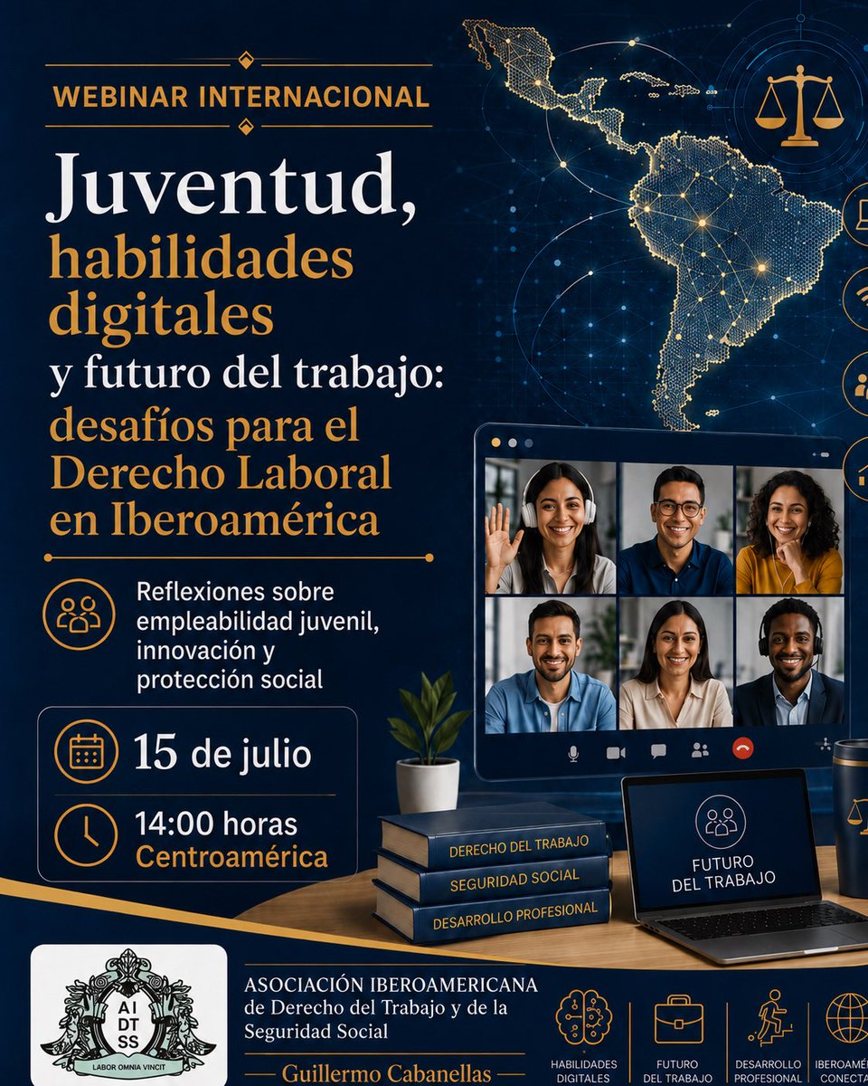 AIDTSS's tweet photo. Cordialmente invitados al Webinar “Juventud, habilidades digitales y futuro del trabajo: desafíos para el Derecho Laboral en Iberoamérica”

DÍA: 15 de Julio de 2026  a las 14 horas de C.A. 
Inscripciones: https://t.co/o9uTaeAo7p 

Vía zoom y transmisión en Vivo página de Facebook https://t.co/KA09GT2Qai